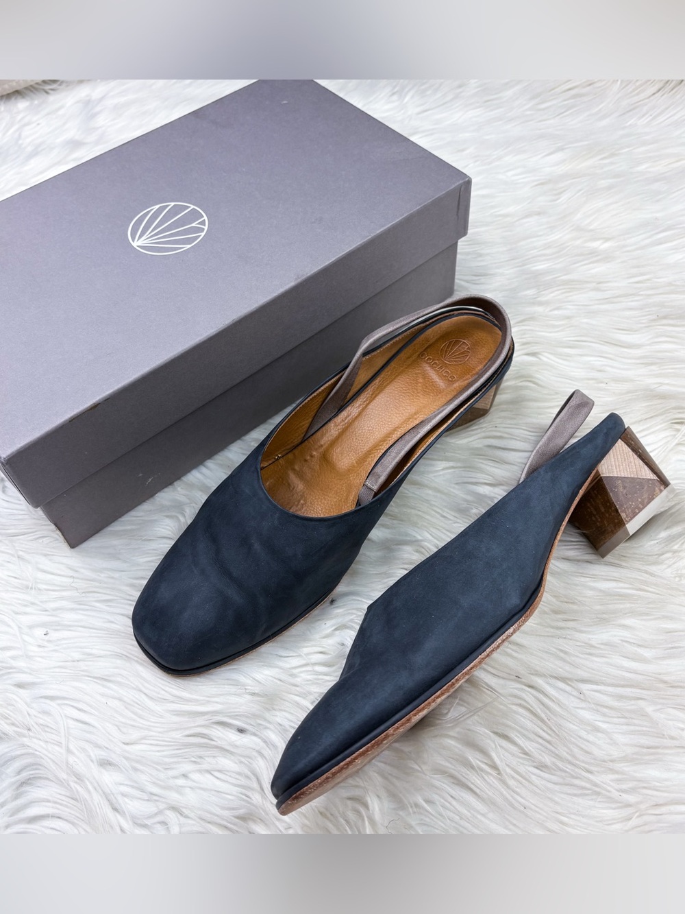 Coclico Leather Slingback Square Toe Geometric Block Heels Navy Blue Spain 39